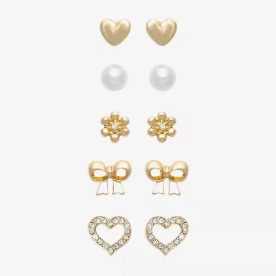 Mixit Womens Cubic Zirconia Simulated Pearl Bow Flower Heart Hypoallergenic 5 Pair Earring Set