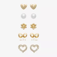 Mixit Womens Cubic Zirconia Simulated Pearl Bow Flower Heart Hypoallergenic 5 Pair Earring Set