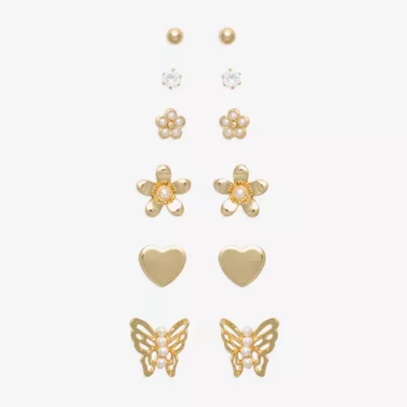 Mixit Womens Cubic Zirconia Butterfly Flower Heart Hypoallergenic 6 Pair Earring Set