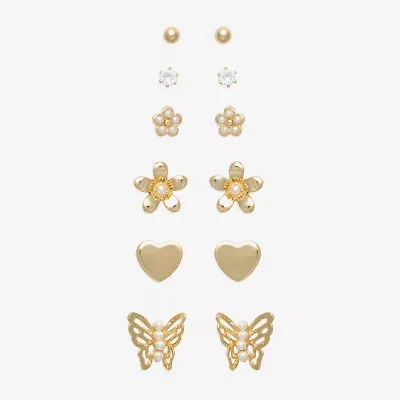 Mixit Womens Cubic Zirconia Butterfly Flower Heart Hypoallergenic 6 Pair Earring Set