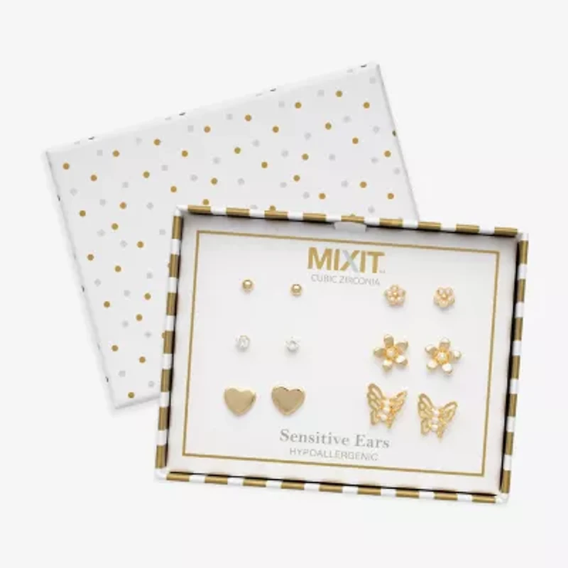 Mixit Womens Cubic Zirconia Butterfly Flower Heart Hypoallergenic 6 Pair Earring Set