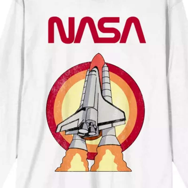 Womens Juniors Crew Neck Long Sleeve Loose Fit NASA Graphic T-Shirt
