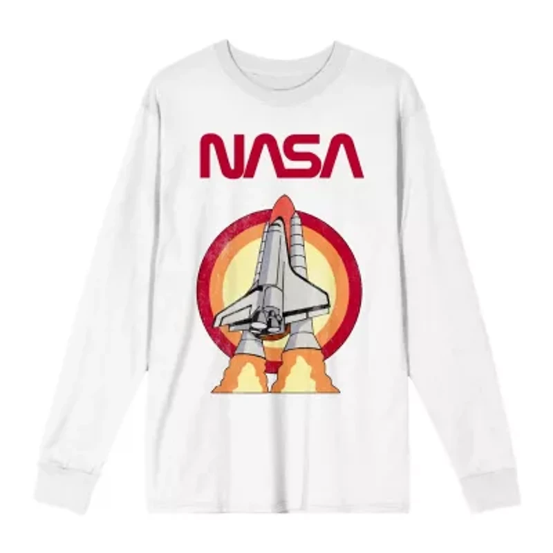 Womens Juniors Crew Neck Long Sleeve Loose Fit NASA Graphic T-Shirt