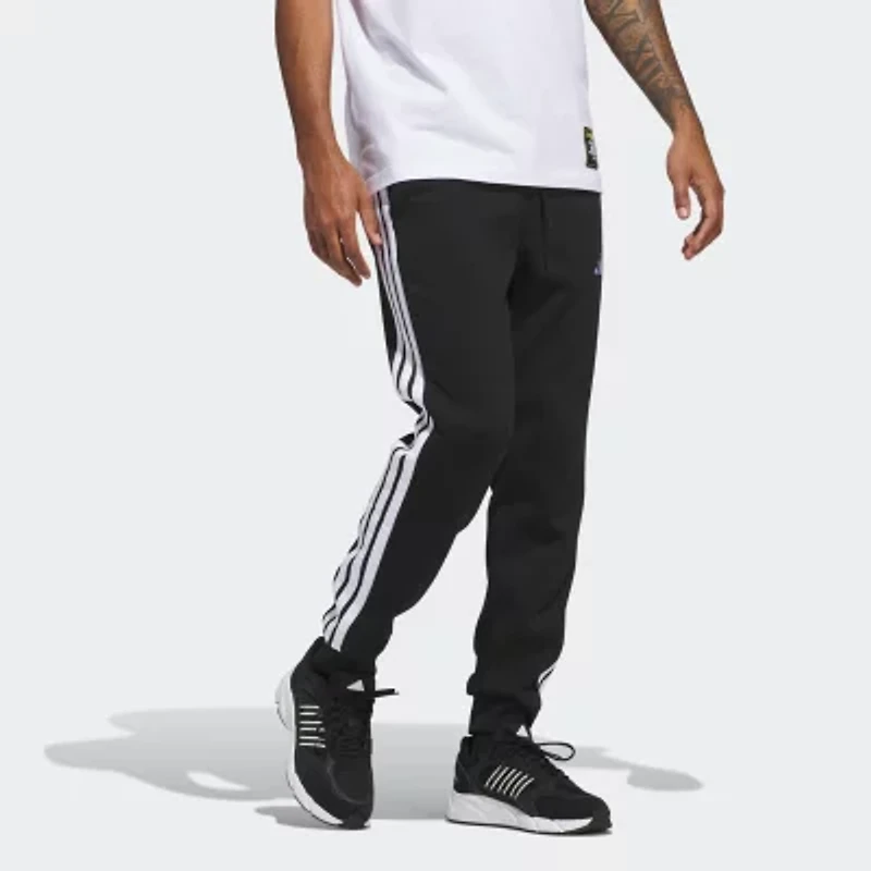 adidas 3 Stripe Mens Drawstring Waist Cuffed Regular Fit Fleece Active Jogger Pant