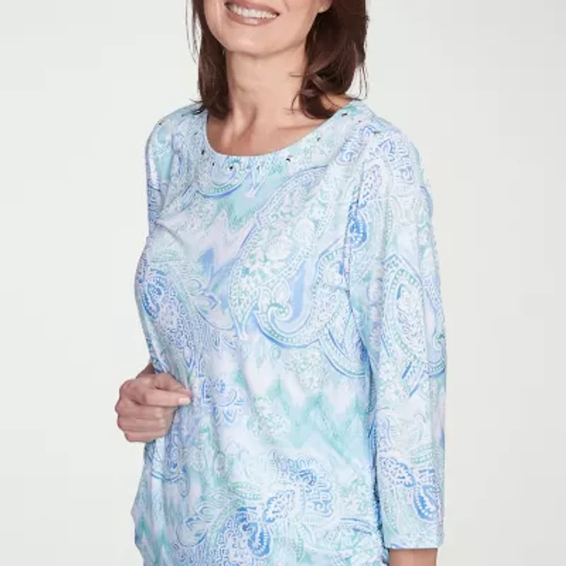 Alfred Dunner Womens Crew Neck 3/4 Sleeve Stretch Fabric T-Shirt