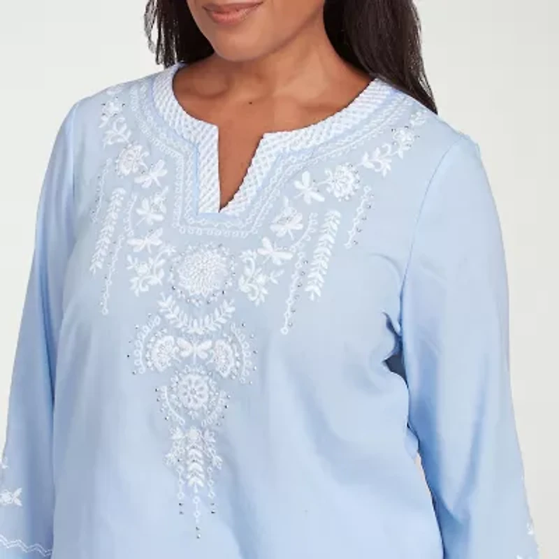 Alfred Dunner Womens Split Crew Neck 3/4 Sleeve Embroidered Blouse