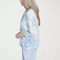 Alfred Dunner St Thomas Womens Split Crew Neck 3/4 Sleeve Bell Sleeve Embroidered Button-Down Shirt