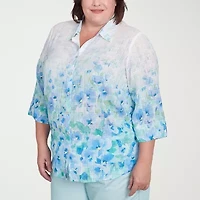 Alfred Dunner Womens 3/4 Sleeve Cuffed Sleeve Plus Button-Down Shirt