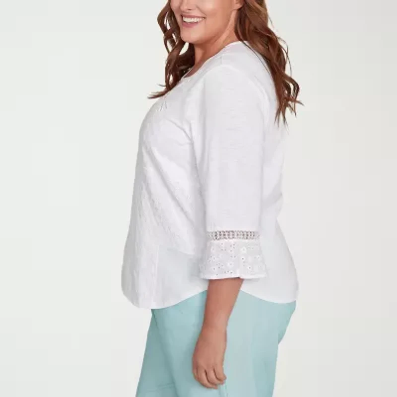 Alfred Dunner St Thomas Womens Plus Crew Neck 3/4 Sleeve Blouse