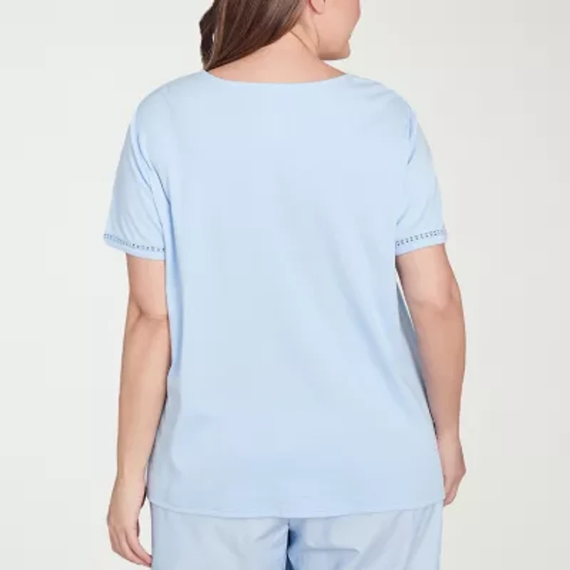 Alfred Dunner Womens Plus Split Crew Neck Short Sleeve T-Shirt