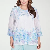 Alfred Dunner St Thomas Womens Plus Crew Neck 3/4 Sleeve T-Shirt