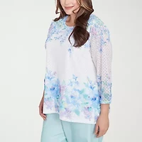 Alfred Dunner St Thomas Womens Plus Crew Neck 3/4 Sleeve T-Shirt
