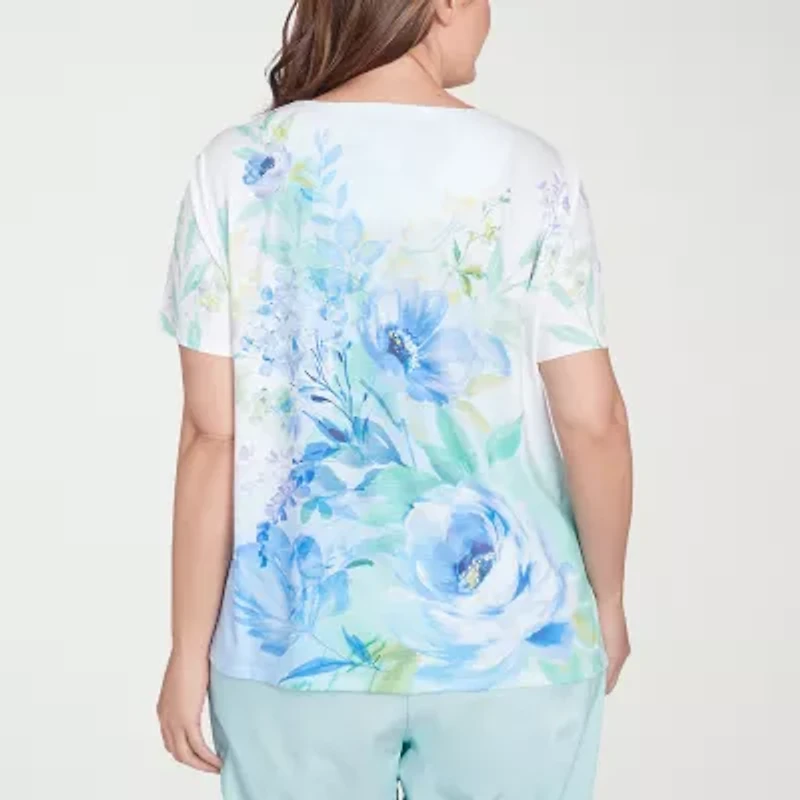 Alfred Dunner Womens Split Crew Neck Short Sleeve Stretch Fabric Plus T-Shirt