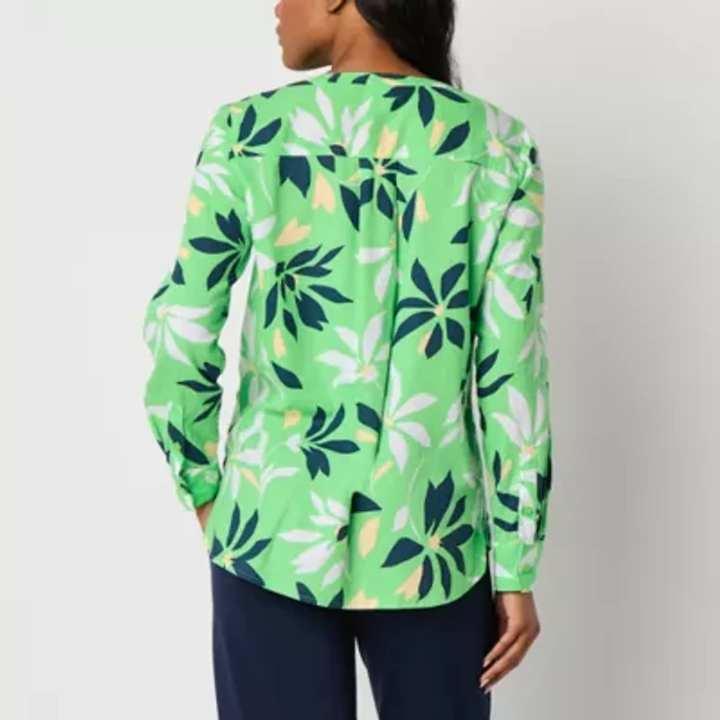 Liz Claiborne Womens Split Crew Neck Long Sleeve Blouse
