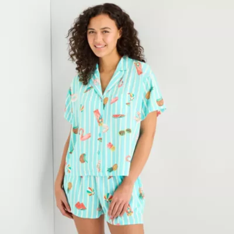 Sleep Chic Womens Poplin V-Neck Short Sleeve 2-pc. Pajama Sets