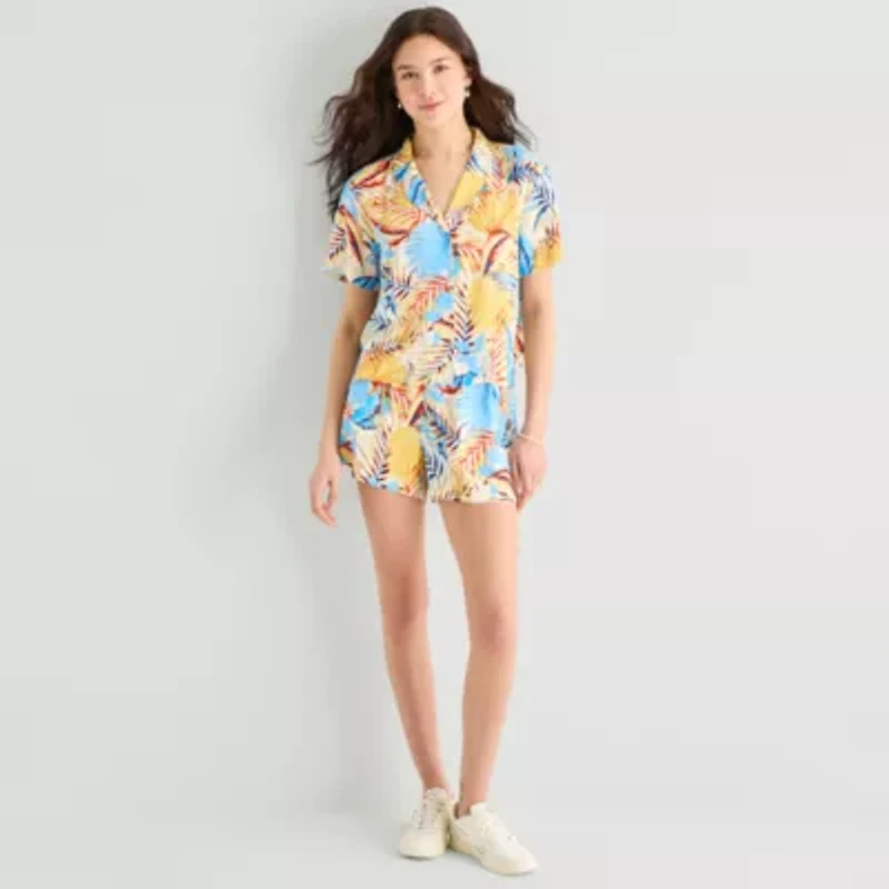 Hurley Womens Juniors Drop Shoulder Short Sleeve Loose Fit Button-Down Shirt