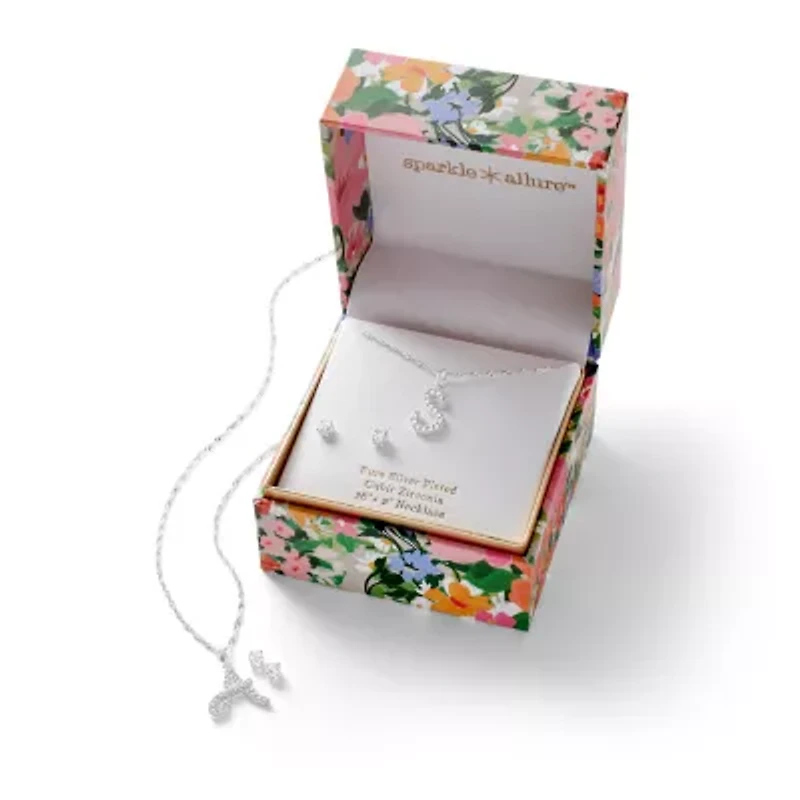Sparkle Allure Initial Womens Cubic Zirconia Pure Silver Over Brass Round 2-pc. Jewelry Set