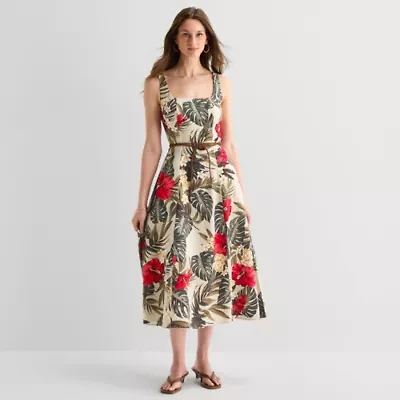 Melonie T Womens Midi Square Neck Sleeveless Floral Fit + Flare Dress