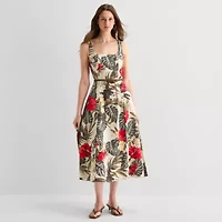Melonie T Womens Midi Square Neck Sleeveless Floral Fit + Flare Dress