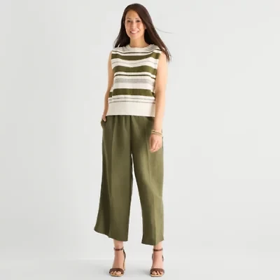 Liz Claiborne Linen Womens Wide Leg Mid Rise Cropped Pant