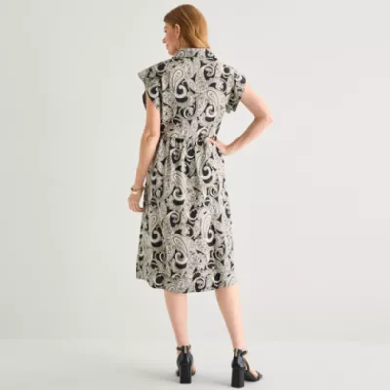 Liz Claiborne Womens Short Sleeve Midi Paisley Shirt Dress