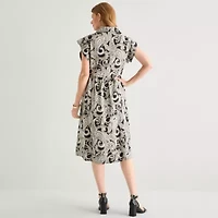 Liz Claiborne Womens Short Sleeve Midi Paisley Shirt Dress