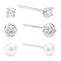 Silver Treasures Womens Cubic Zirconia Cultured Freshwater Pearl Sterling Silver 3 Pair Earring Set