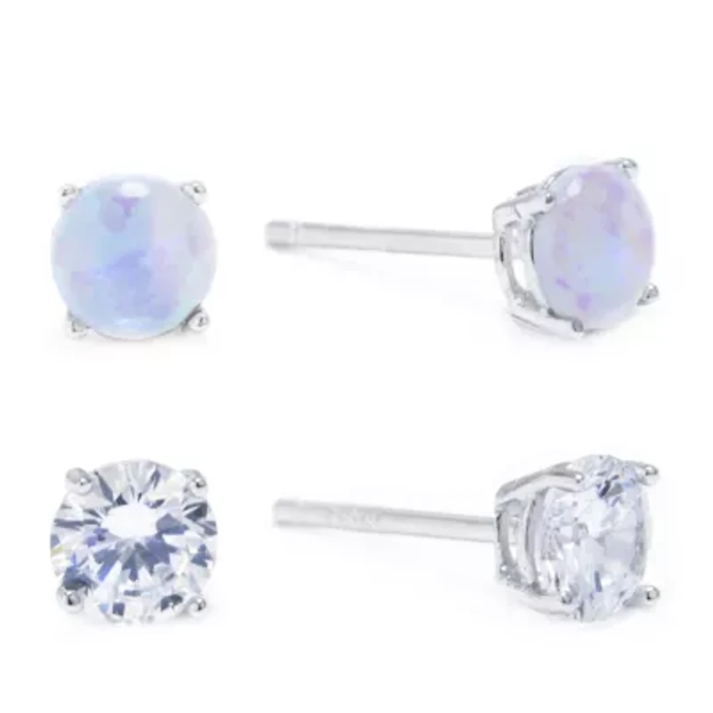 Silver Treasures Opal Womens Cubic Zirconia Sterling Silver 2 Pair Earring Set