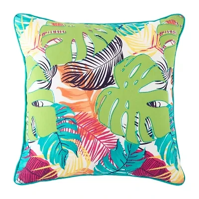 Turquoise Sun Printed Leaf Print Square Throw Pillow