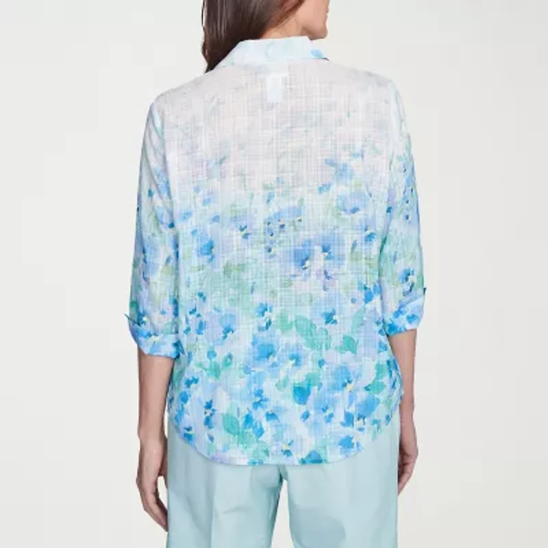 Alfred Dunner Womens Cuffed 3/4 Sleeve Button-Down Shirt