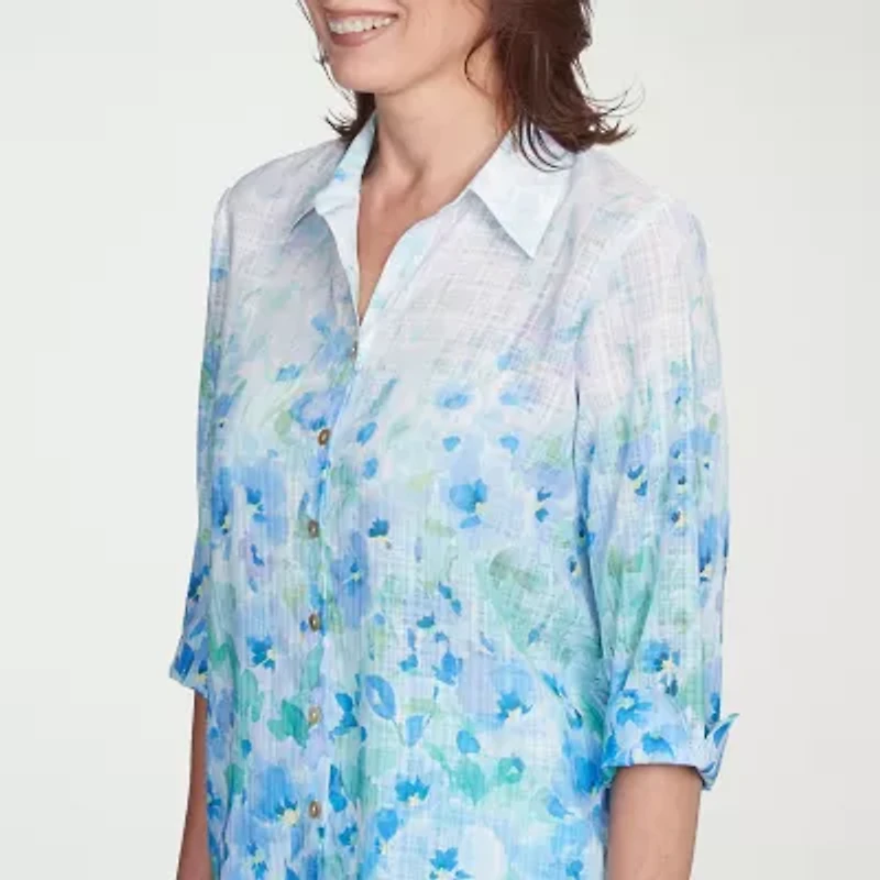 Alfred Dunner Womens Cuffed 3/4 Sleeve Button-Down Shirt