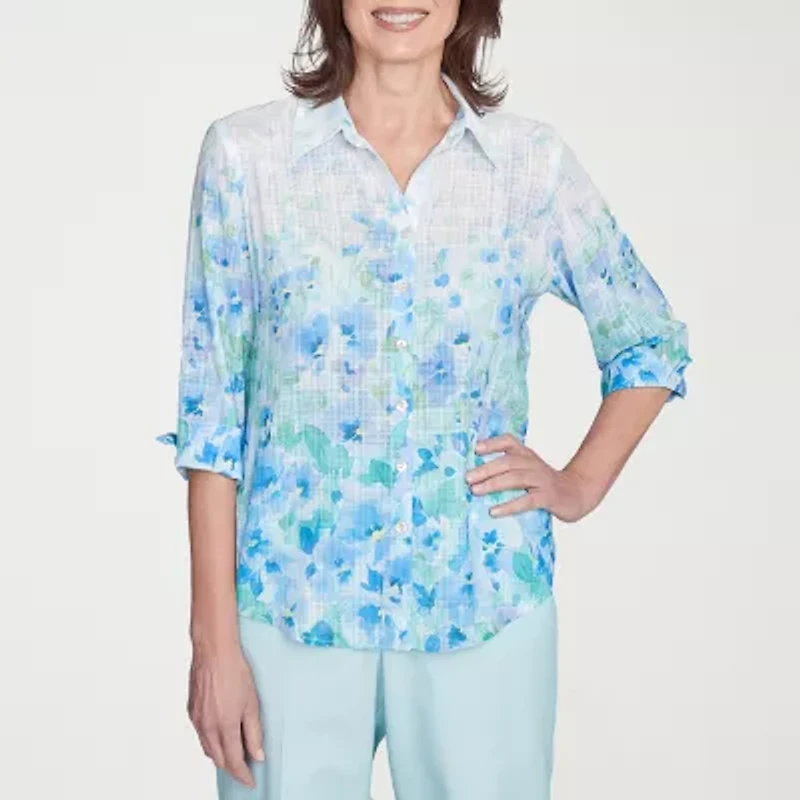 Alfred Dunner Womens Cuffed 3/4 Sleeve Button-Down Shirt