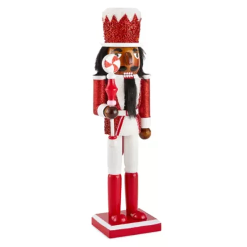 North Pole Trading Co. 14in Pepermint Staff African American Wood Christmas Nutcracker