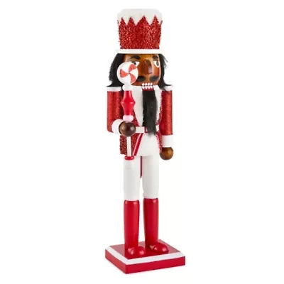 North Pole Trading Co. 14in Pepermint Staff African American Wood Christmas Nutcracker