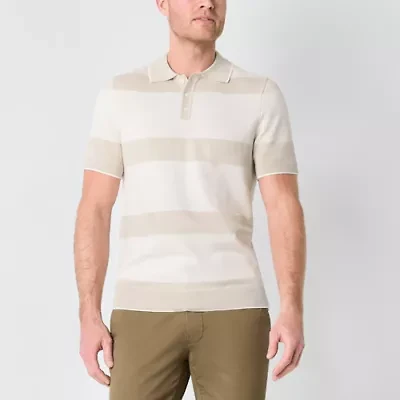 St. John's Bay Striped Polo Mens Short Sleeve Button Sweater
