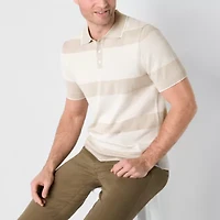 St. John's Bay Striped Polo Mens Short Sleeve Button Sweater
