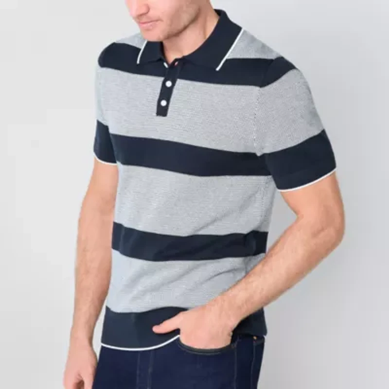 St. John's Bay Striped Mens Short Sleeve Button Polo Sweater