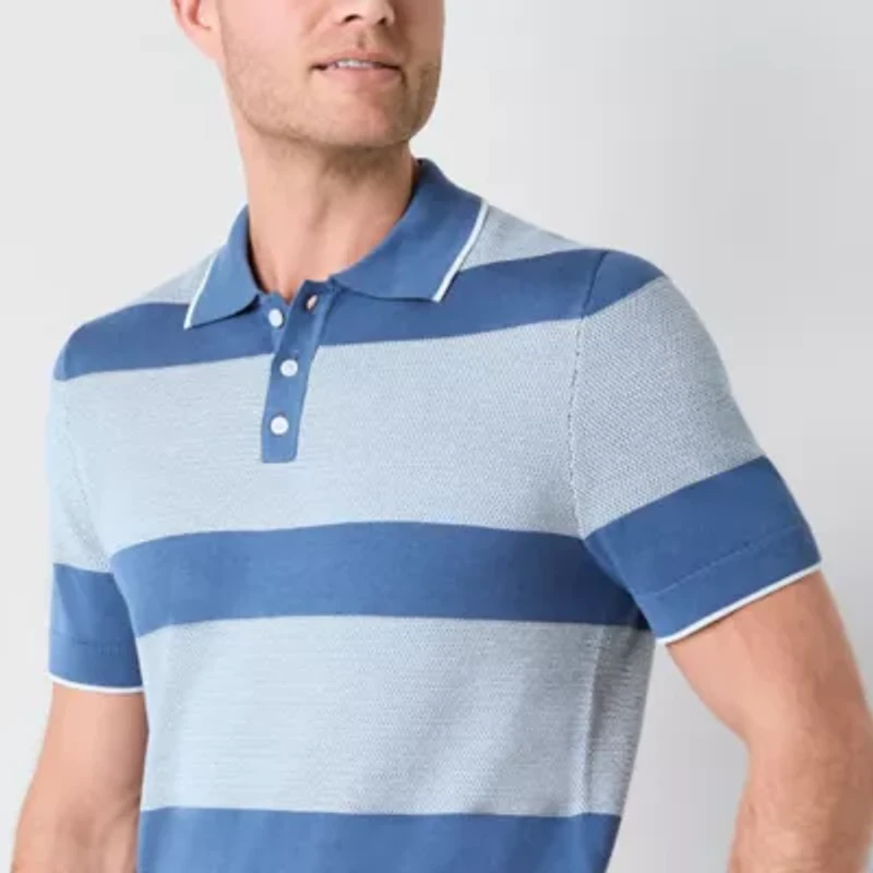St. John's Bay Striped Mens Short Sleeve Button Polo Sweater