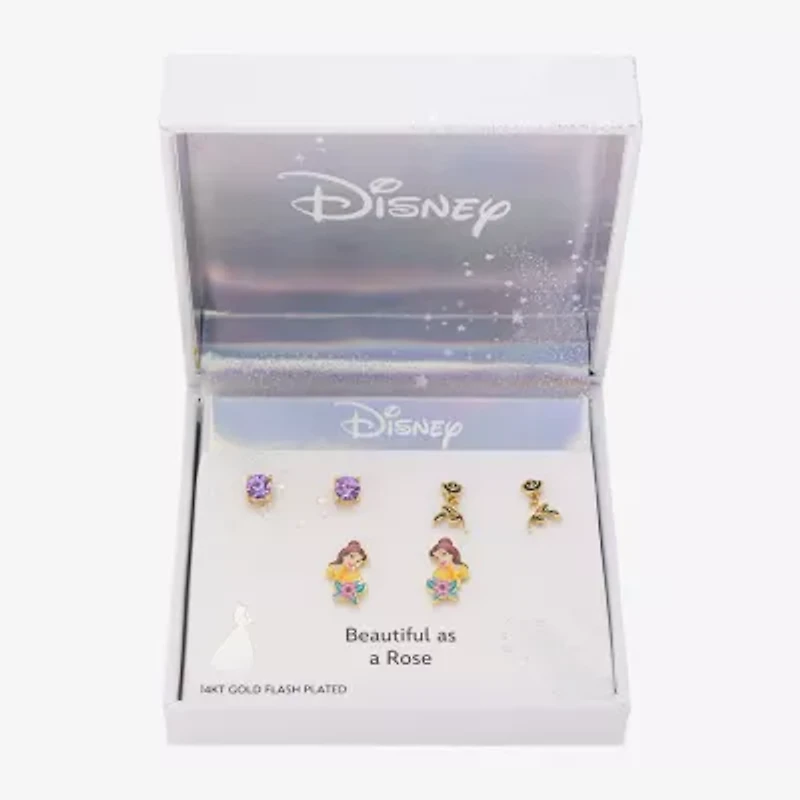 Disney Classics Womens 10K Gold Over Brass Flower Beauty and the Beast 3 Pair Earring Set