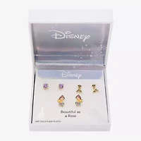 Disney Classics Womens 10K Gold Over Brass Flower Beauty and the Beast 3 Pair Earring Set