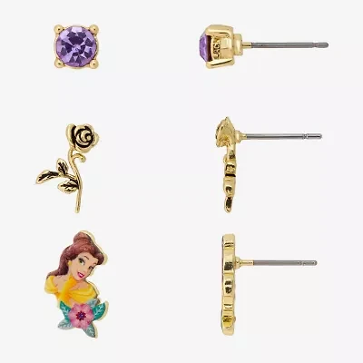 Disney Classics Womens 10K Gold Over Brass Flower Beauty and the Beast 3 Pair Earring Set