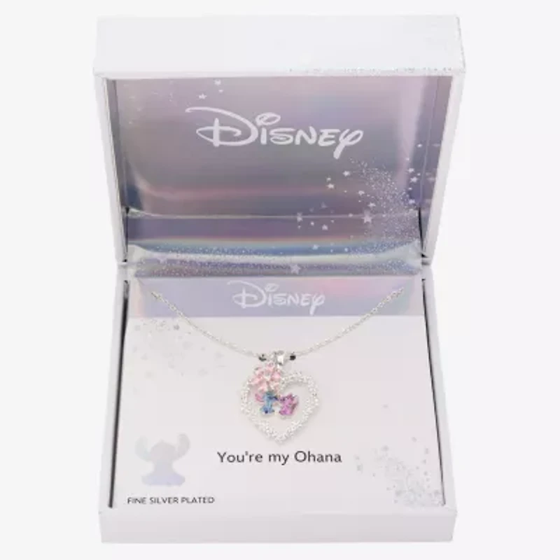 Disney Classics Womens Cubic Zirconia Pure Silver Over Brass Heart 16 Inch Pendant Necklace