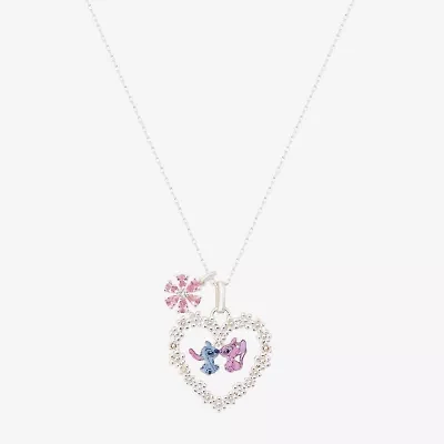 Disney Classics Womens Cubic Zirconia Pure Silver Over Brass Heart 16 Inch Pendant Necklace
