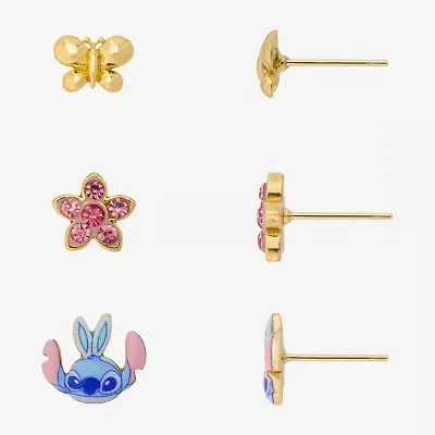 Disney Classics Womens Pink Cubic Zirconia 10K Gold Over Brass Butterfly Flower Lilo & Stitch Stitch 3 Pair Earring Set
