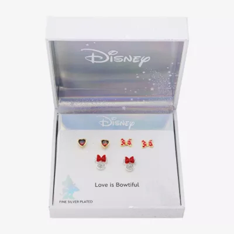 Disney Classics Womens Red Cubic Zirconia 14K Gold Over Brass Bow Minnie Mouse 3 Pair Earring Set