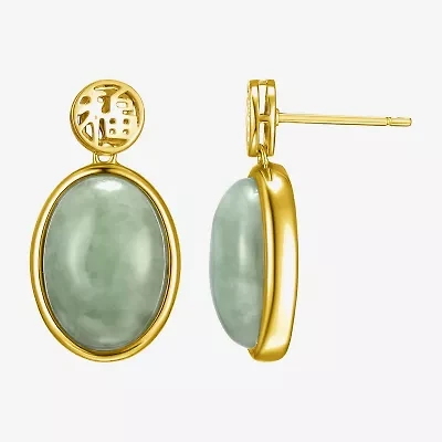 Good Fortune Womens Genuine Green Jade 18K Gold Over Silver Oval Drop Earrings
