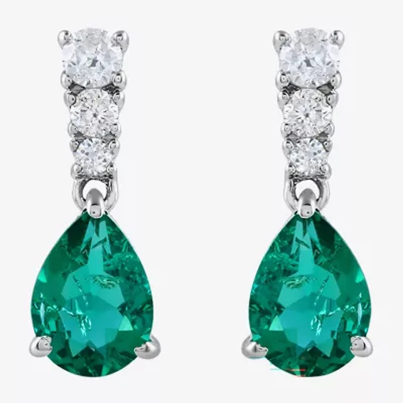 (I/I2) Womens 1/5 CT. Lab Created Green Emerald Sterling Silver Pear Drop Earrings