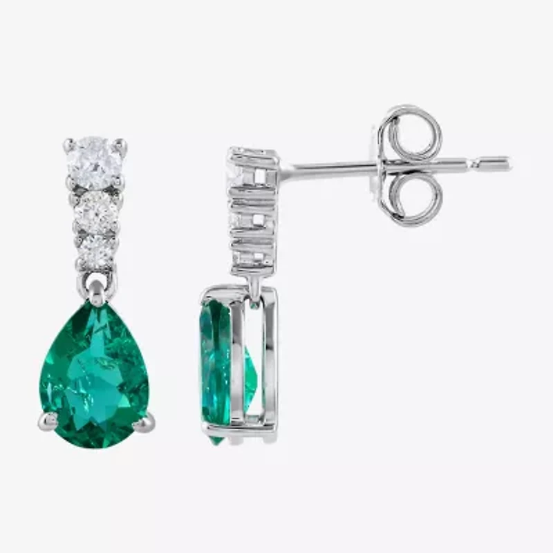 (I/I2) Womens 1/5 CT. Lab Created Green Emerald Sterling Silver Pear Drop Earrings