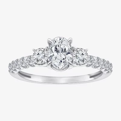 (I / Si2) Womens 1 CT. T.W. Lab Grown White Diamond Sterling Silver Oval Side Stone Engagement Ring