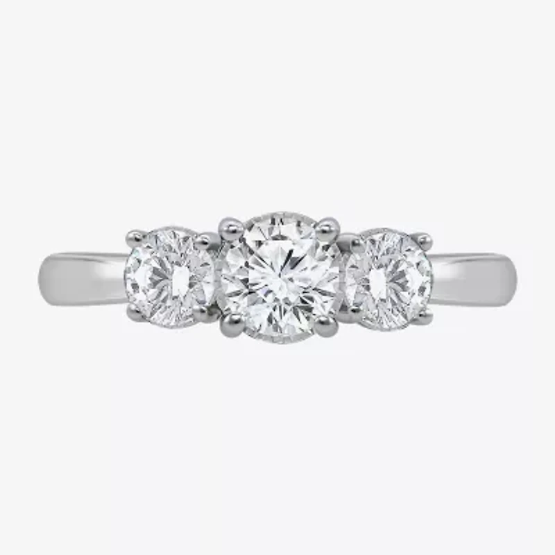 (I / Si2) Womens 1 CT. T.W. Lab Grown White Diamond Sterling Silver Round 3-Stone Engagement Ring
